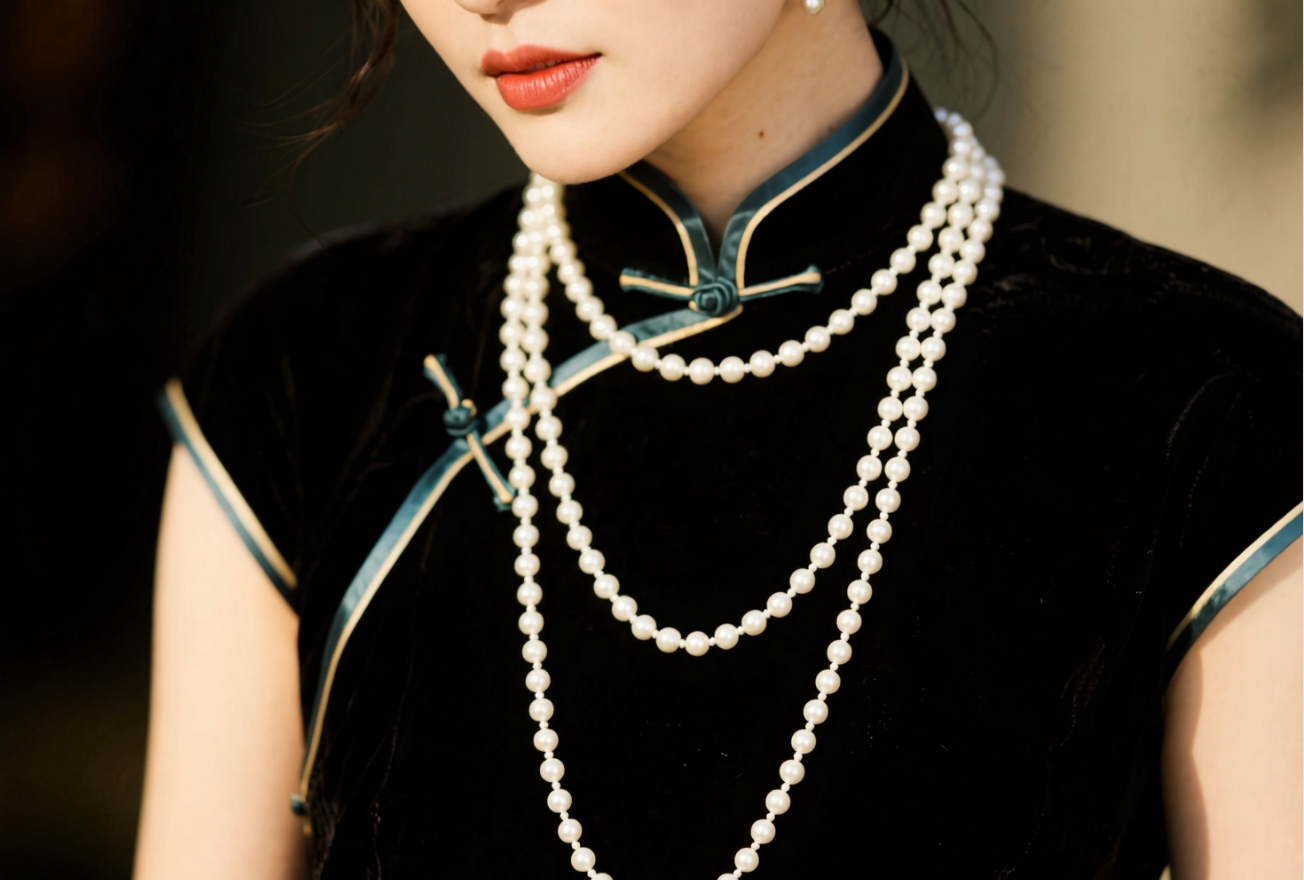 旗袍邂逅珍珠项链