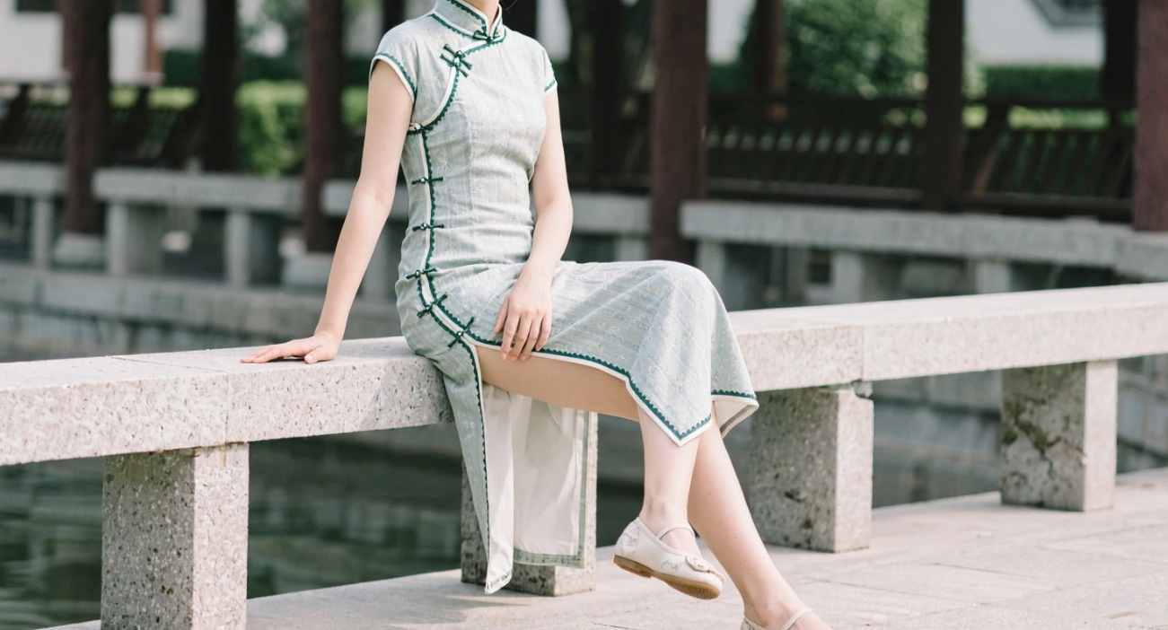 旗袍与平底鞋的搭配正悄然兴起，打破了传统认知中旗袍只能搭配高跟鞋的定式，为时尚界带来了一股清新又独特的东方韵味